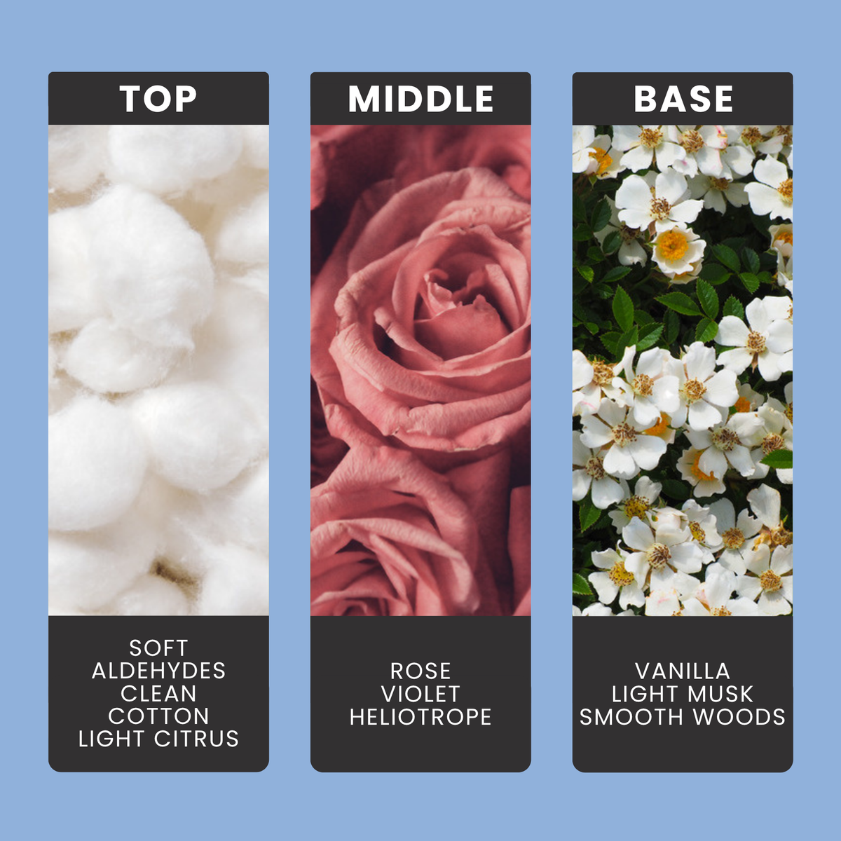 Baby Powder fragrance oil notes: top – soft aldehydes, clean cotton, light citrus; middle – rose, violet, heliotrope; base – vanilla, light musk, smooth woods