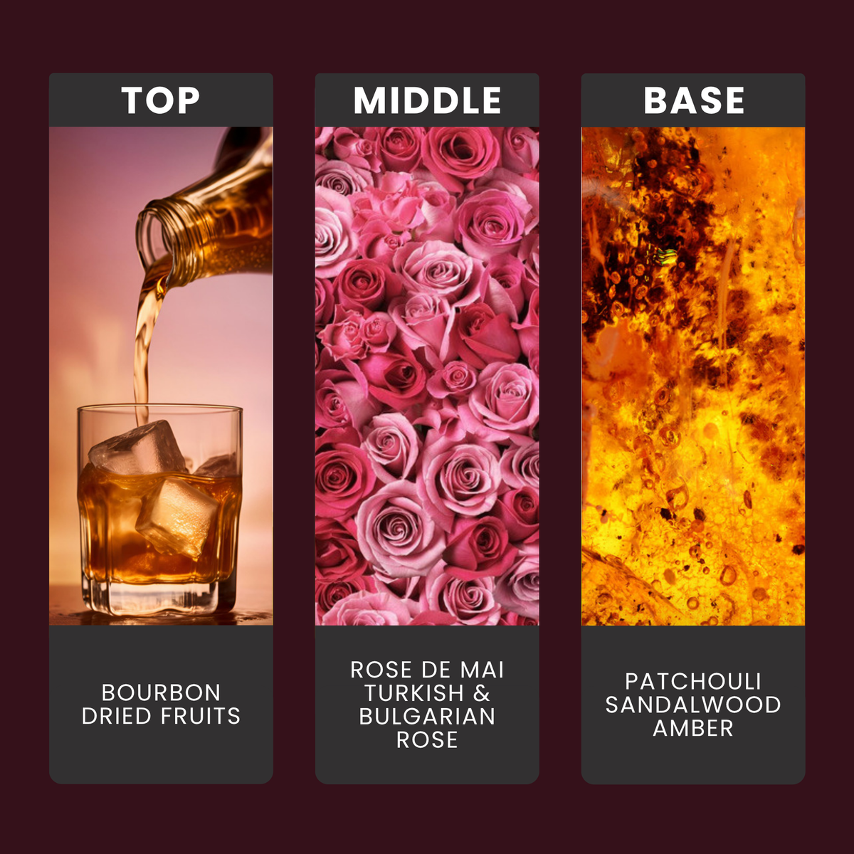 Dark Rose fragrance oil notes: top – bourbon, dried fruits; middle – rose de mai, turkish & bulgarian rose; base – patchouli, sandalwood, amber
