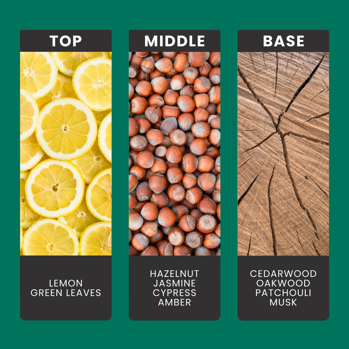 English Oak & Hazelnut fragrance oil notes: top – lemon, green leaves; middle – hazelnut, jasmine, cypress, amber; base – cedarwood, oakwood, patchouli, musk