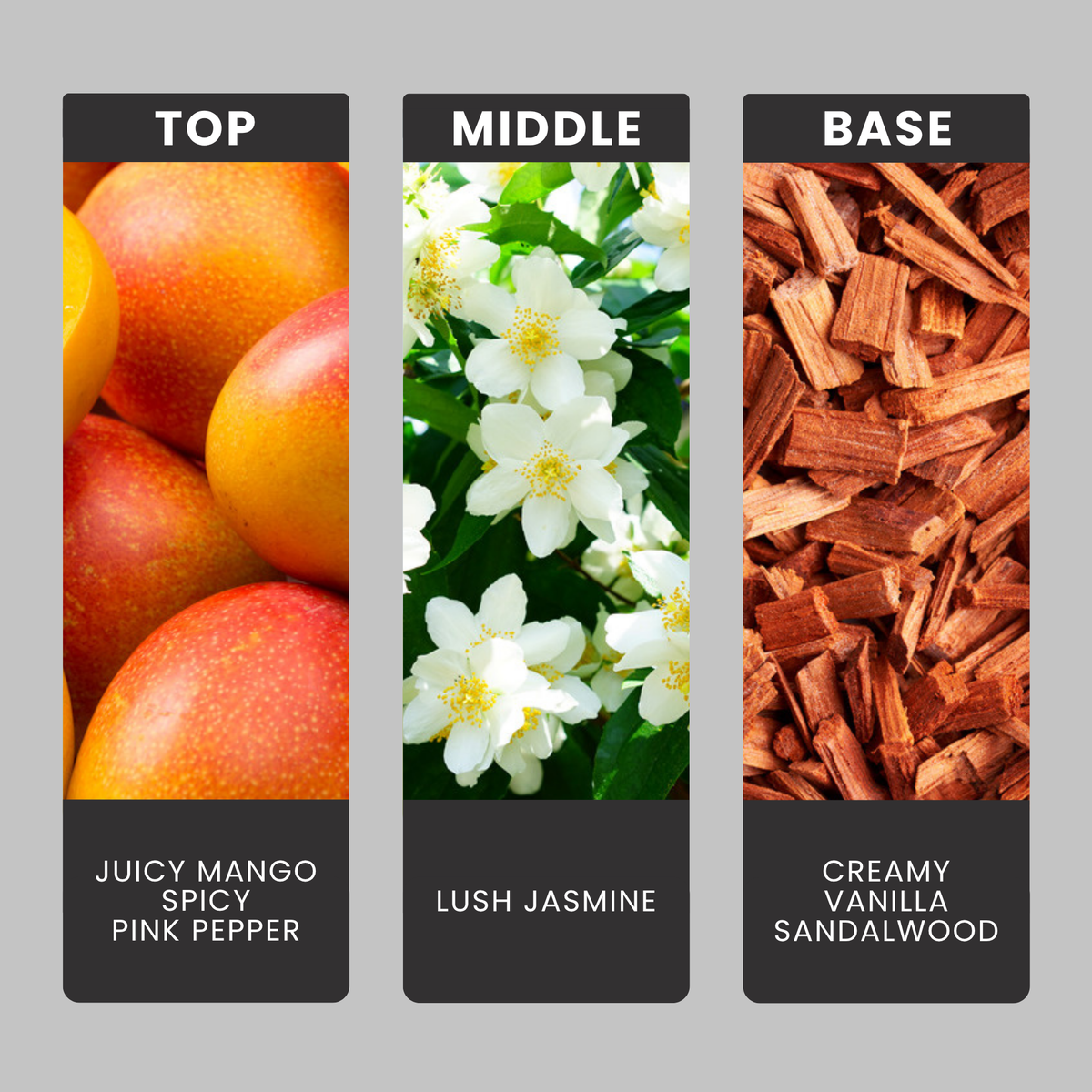 Flaming Pink Pepper fragrance oil notes: top – juicy mango, spicy pink pepper; middle – lush jasmine; base – creamy vanilla, sandalwood