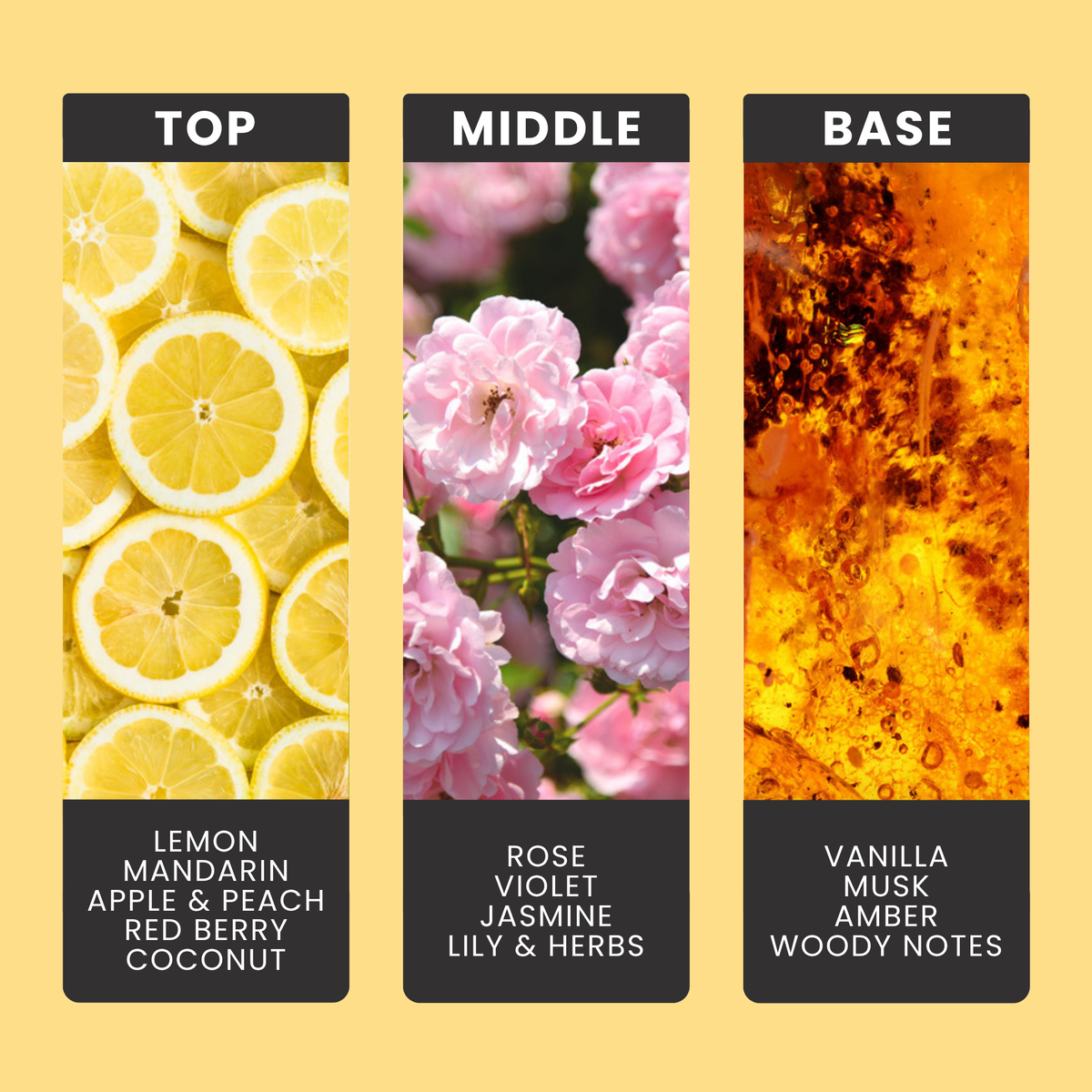 Lavish Unstoppable fragrance oil notes: top – lemon, mandarin, apple & peach, red berry, coconut; middle – rose, violet, jasmine, lily & herbs; base – vanilla, musk, amber, woody notes