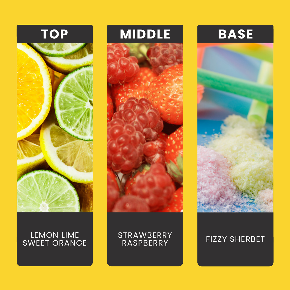 Lemon Sherbet fragrance oil notes: top – lemon, lime, sweet orange; middle – strawberry, raspberry; base – fizzy sherbet