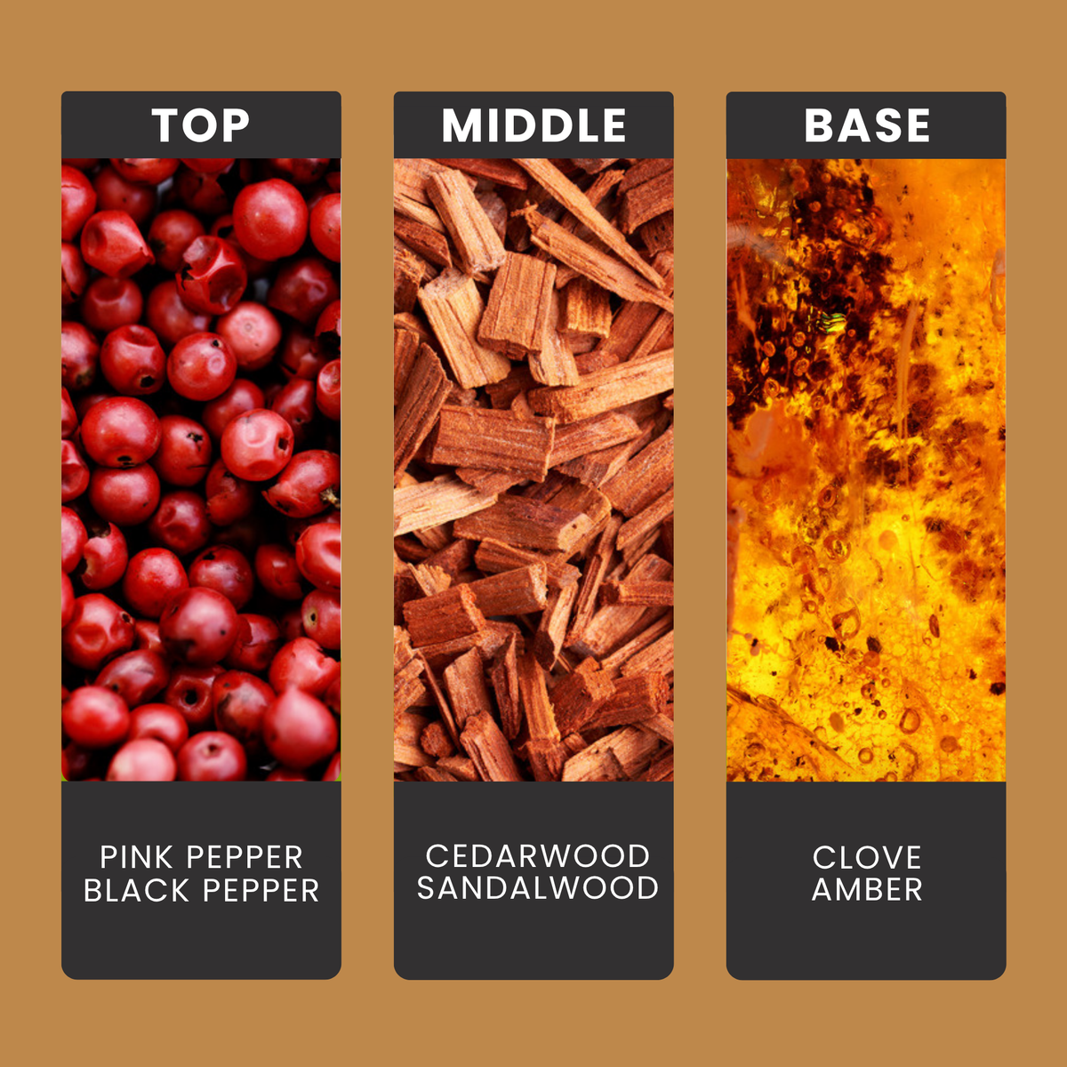 Lets Get Toasty fragrance oil notes: peppery spice melting into cedarwood and sandalwood, with clove and golden amber