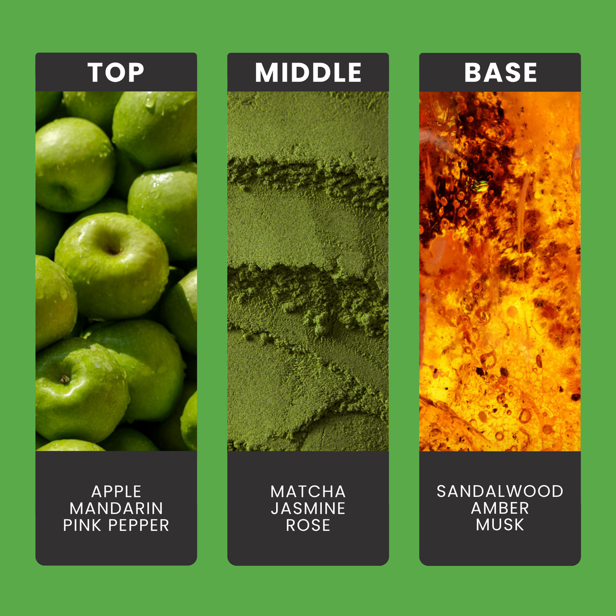 Matcha Latte fragrance oil notes: top – apple, mandarin, pink pepper; middle – matcha, jasmine, rose; base – sandalwood, amber, musk