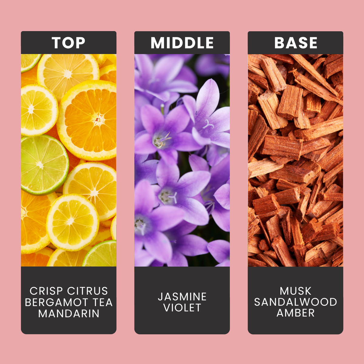 Spa Day fragrance oil notes: crisp citrus, bergamot tea and mandarin with jasmine, violet, musk and amber