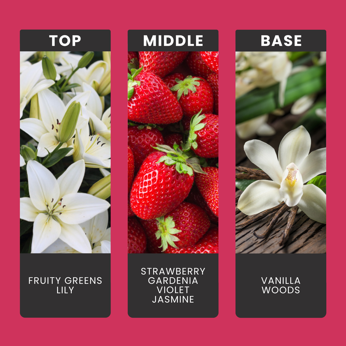 Strawberry & Lily fragrance oil notes: top – fruity greens, lily; middle – strawberry, gardenia, violet, jasmine; base – vanilla, woods