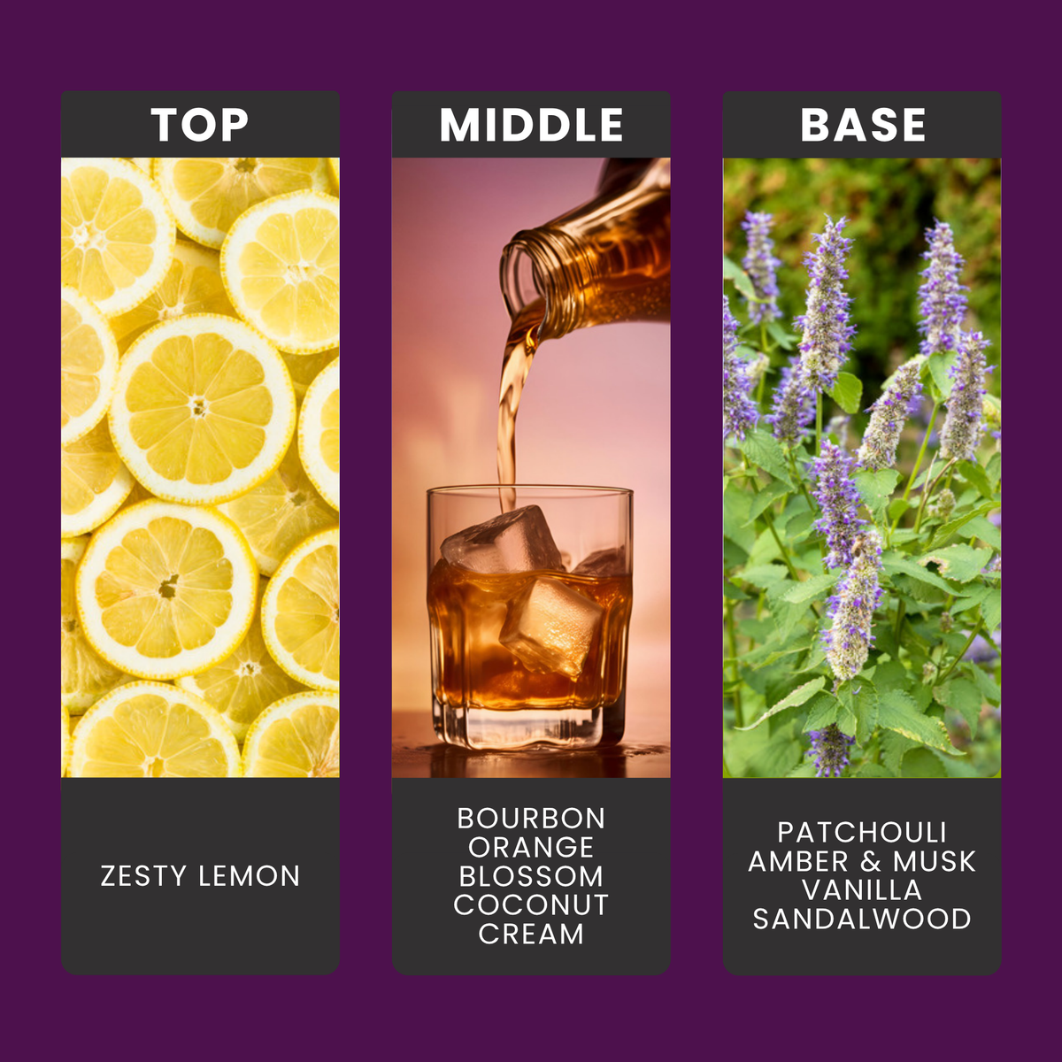 Velvet Blooms & Bourbon fragrance oil notes: top – zesty lemon; middle – bourbon, orange blossom, coconut cream; base – patchouli, amber & musk, vanilla, sandalwood