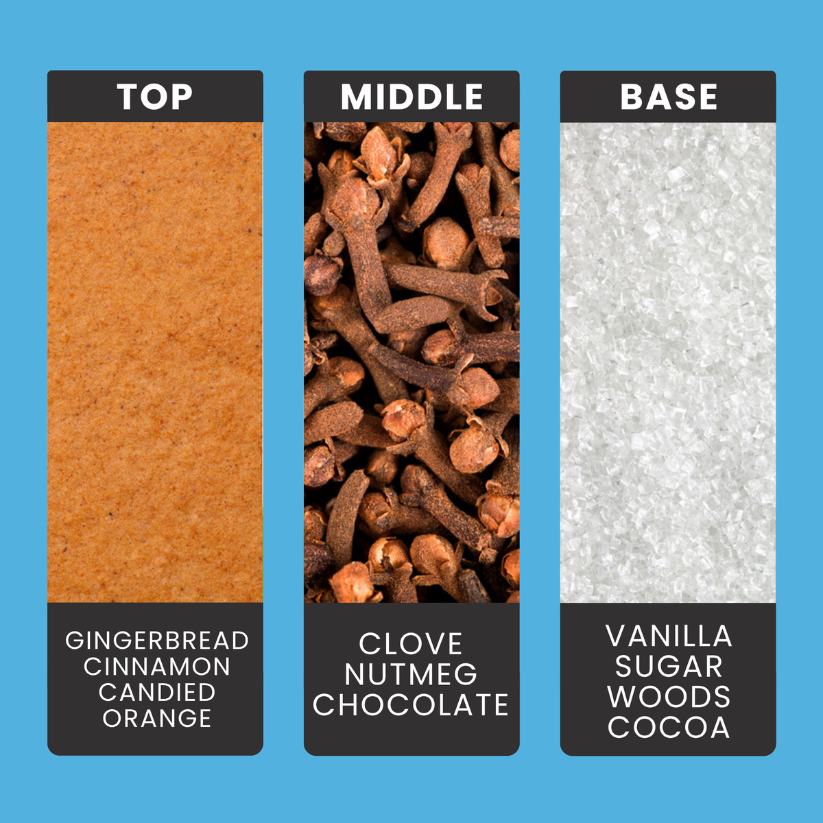 Winter Wonderland fragrance oil notes: gingerbread, cinnamon and candied orange with clove, chocolate and vanilla