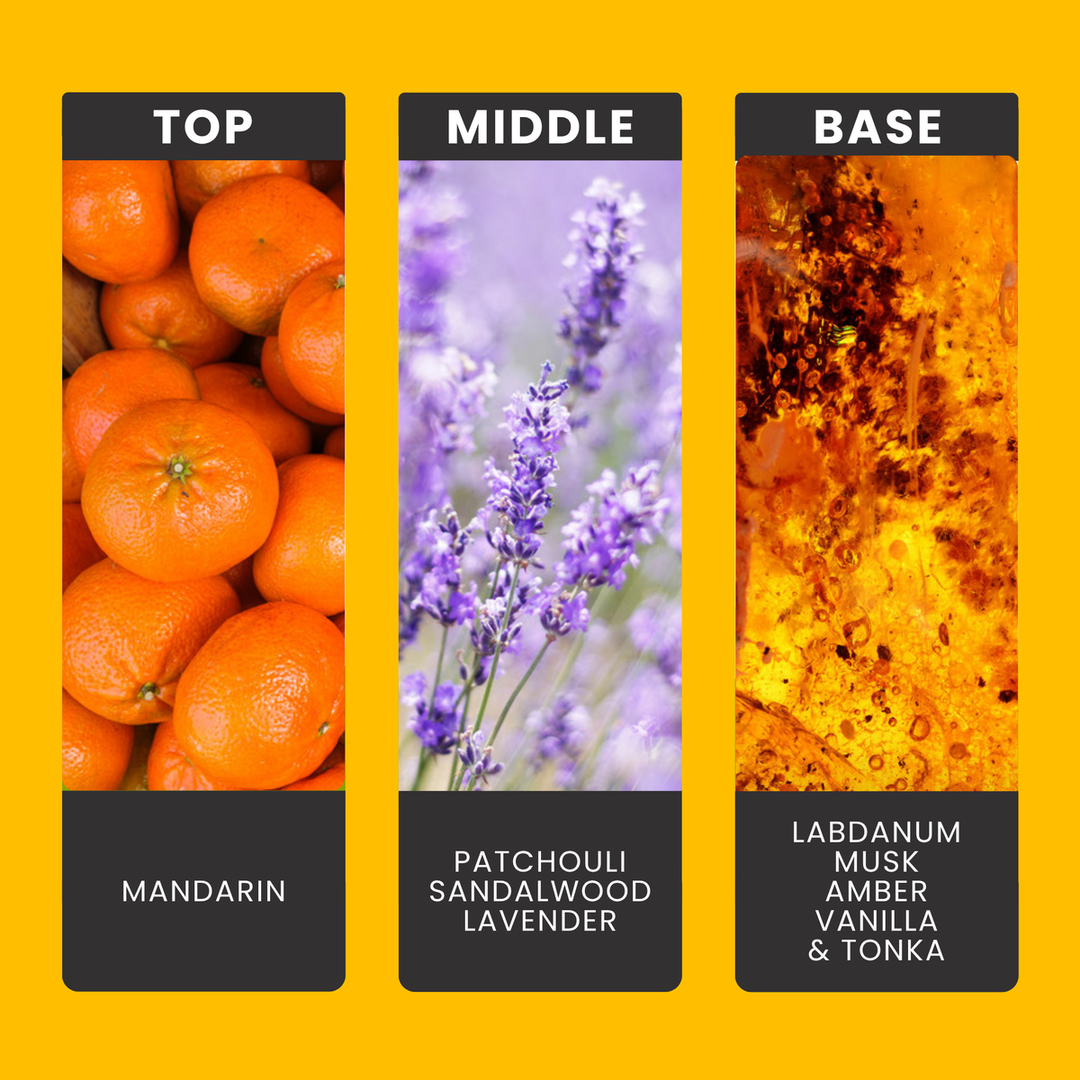 Amber Solstice fragrance oil notes: top – mandarin; middle – patchouli, sandalwood, lavender; base – labdanum, musk, amber, vanilla & tonka
