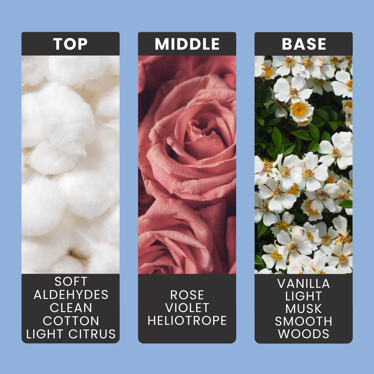 Baby Powder fragrance oil notes: rose, violet and heliotrope over warm vanilla and musk
