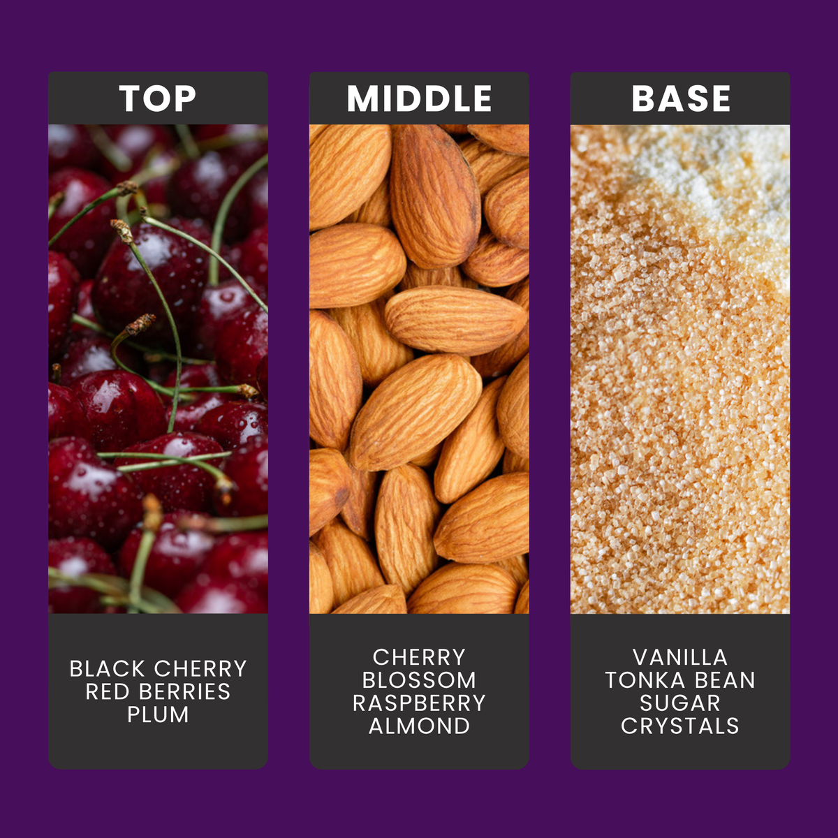 Black Cherry fragrance oil notes: top – black cherry, red berries, plum; middle – cherry blossom, raspberry, almond; base – vanilla, tonka bean, sugar crystals
