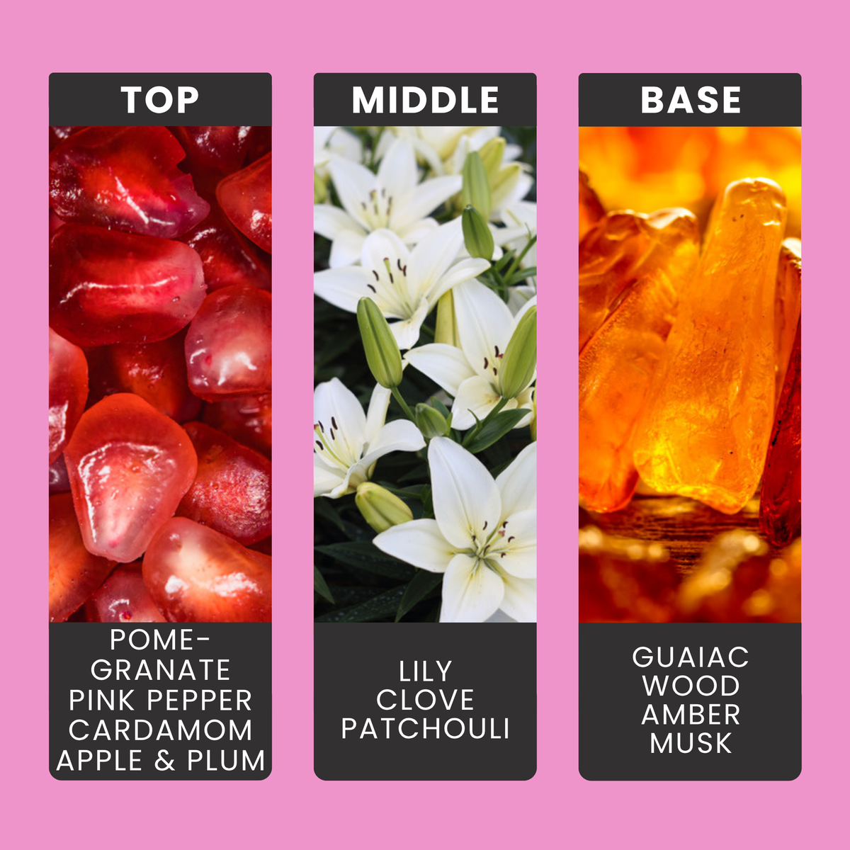 Black Pomegranate fragrance oil notes: pink pepper and cardamom with clove, patchouli, apple and plum over amber and musk