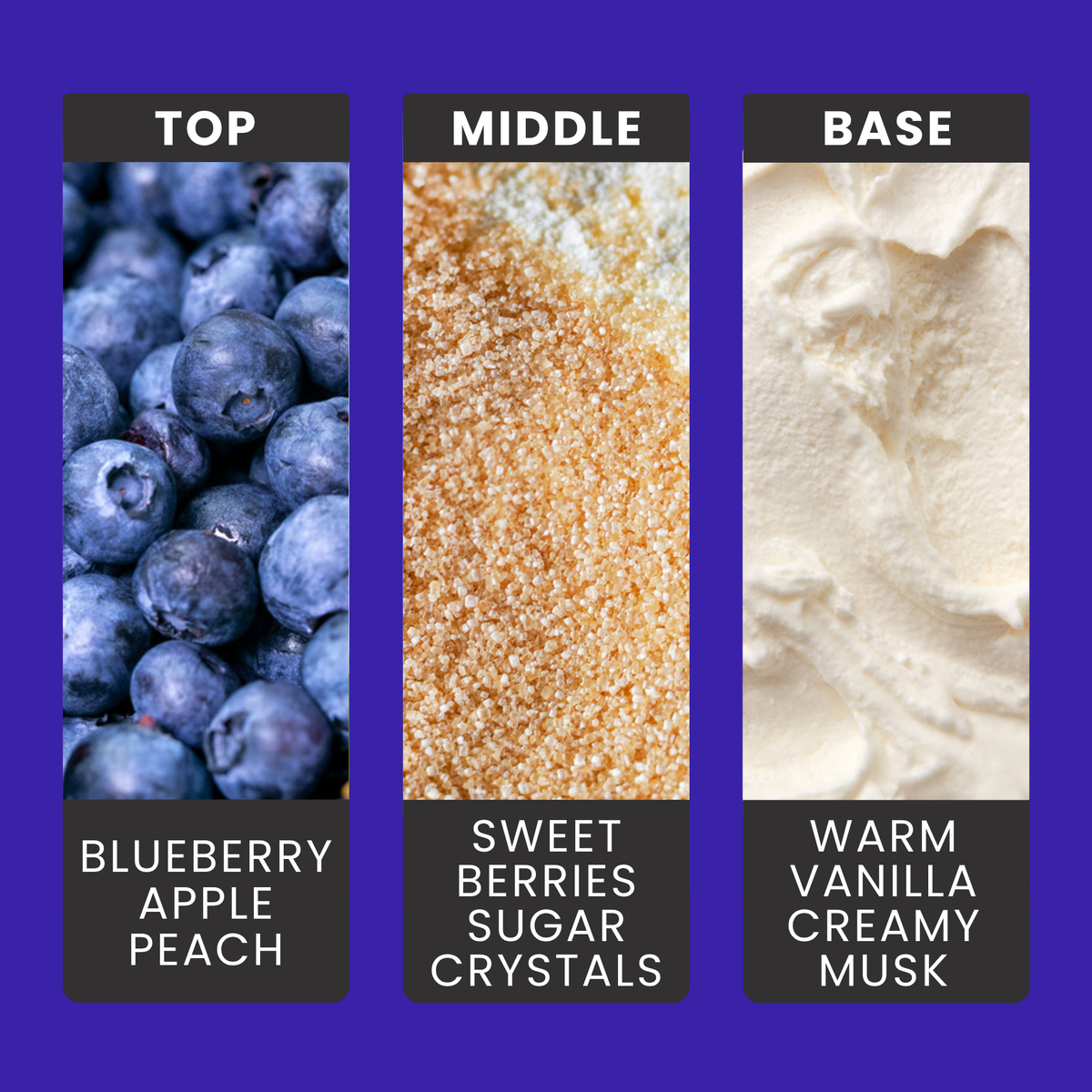 Blueberry & Vanilla fragrance oil notes: tangy blueberries, crisp apple and peach wrapped in warm vanilla