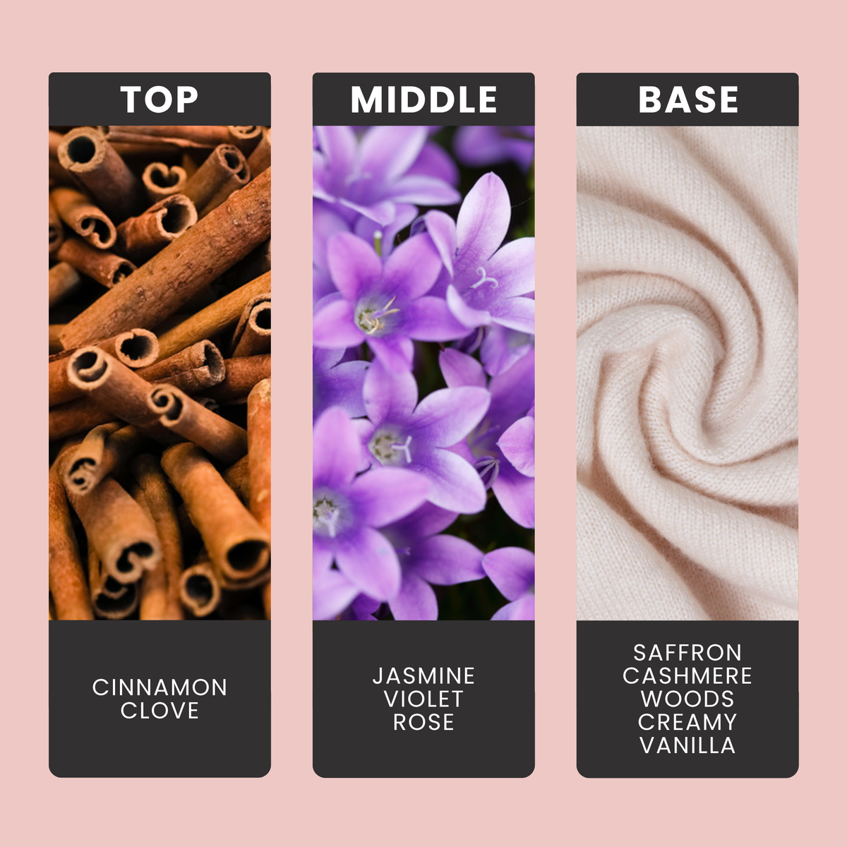 Cashmere & Musk fragrance oil notes: cinnamon and clove with jasmine, violet and rose over saffron, woods and cashmere