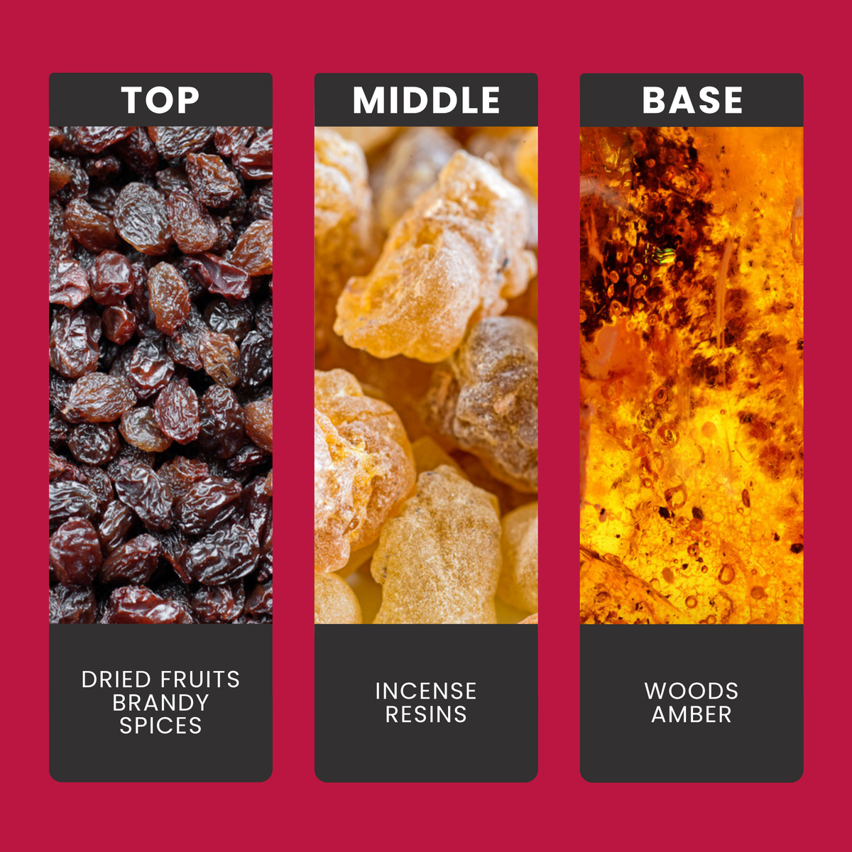 Christmas Pudding fragrance oil notes: top – dried fruits, brandy, spices; middle – incense, resins; base – woods, amber