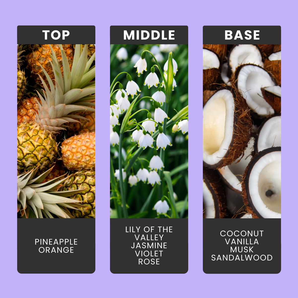 Dreams Unstoppable fragrance oil notes: top – pineapple, orange; middle – lily of the valley, jasmine, violet, rose; base – coconut, vanilla, musk, sandalwood