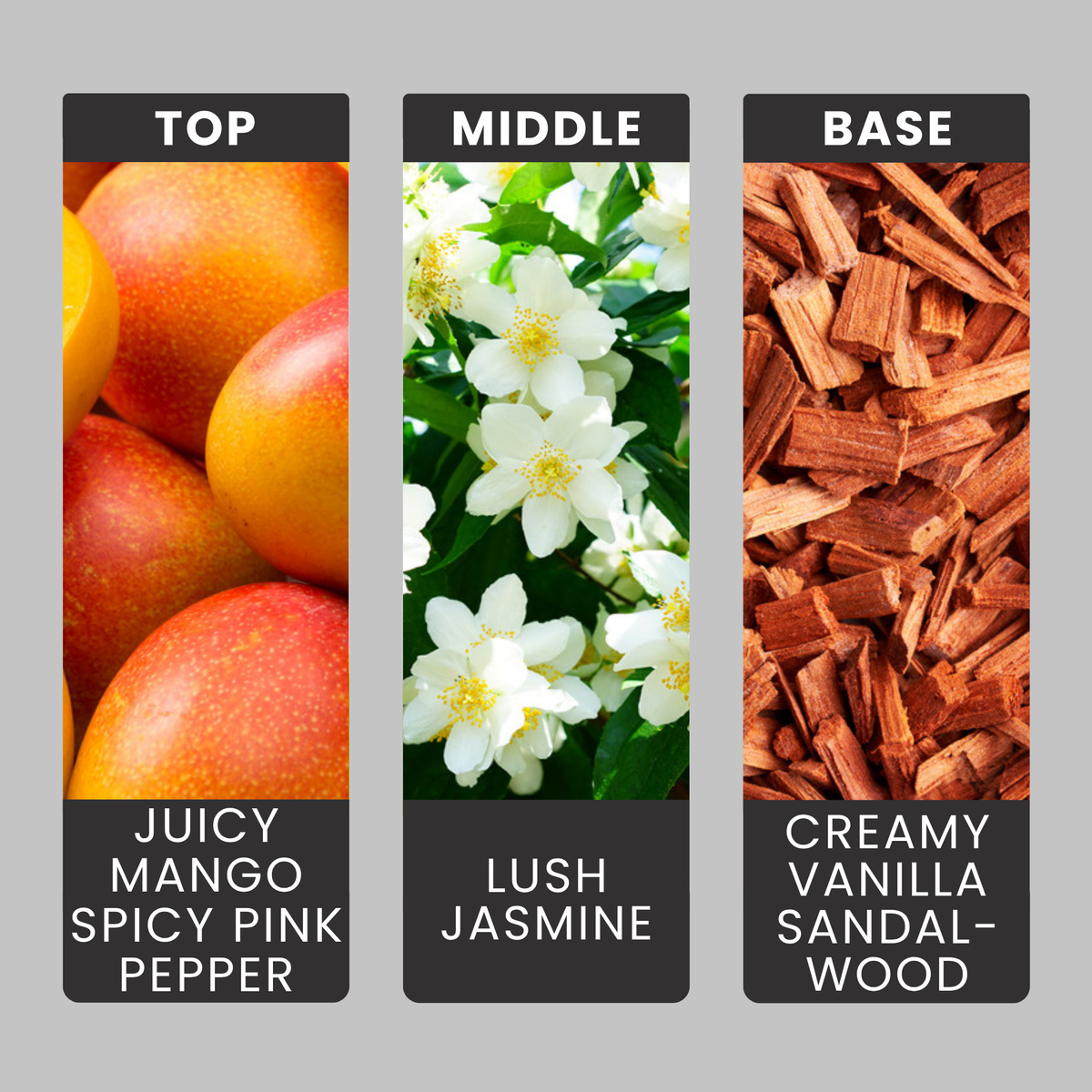 Flaming Pink Pepper fragrance oil notes: juicy mango and spicy pink pepper with jasmine over vanilla and sandalwood