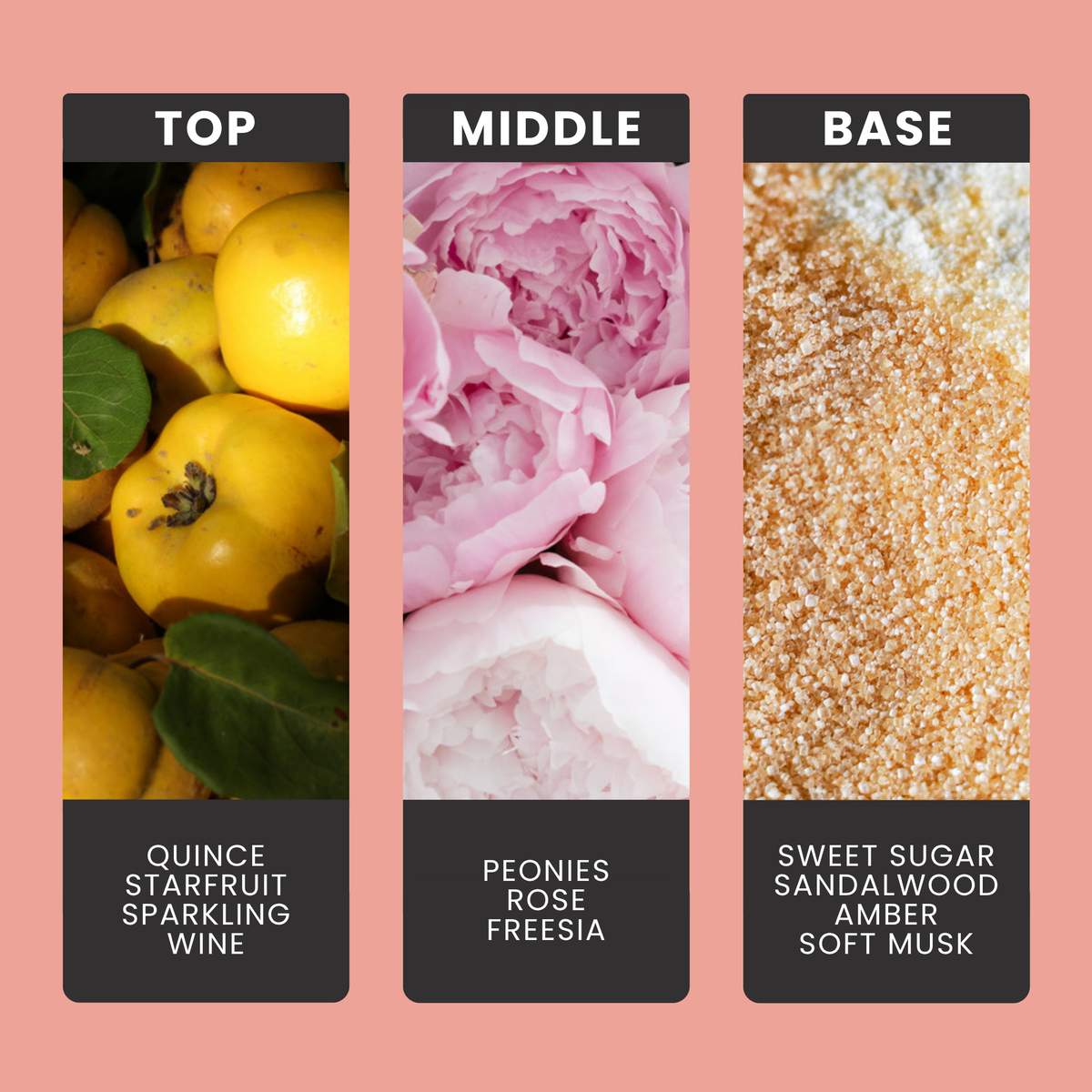 One Thousand Wishes fragrance oil notes: top – quince, starfruit, sparkling wine; middle – peonies, rose, freesia; base – sweet sugar, sandalwood, amber, soft musk