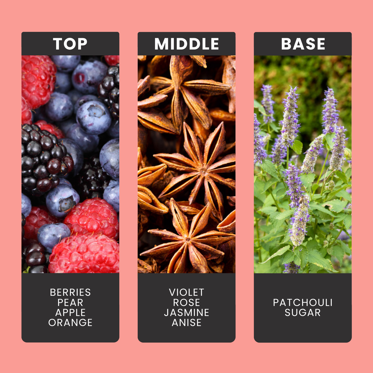 Spring Unstoppable fragrance oil notes: top – berries, pear, apple, orange; middle – violet, rose, jasmine, anise; base – patchouli, sugar
