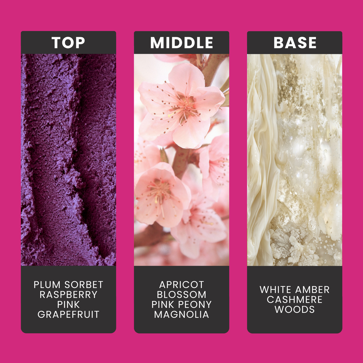 Sugar Plum Passion fragrance oil notes: top – plum sorbet, raspberry, pink grapefruit; middle – apricot blossom, pink peony, magnolia; base – white amber, cashmere woods