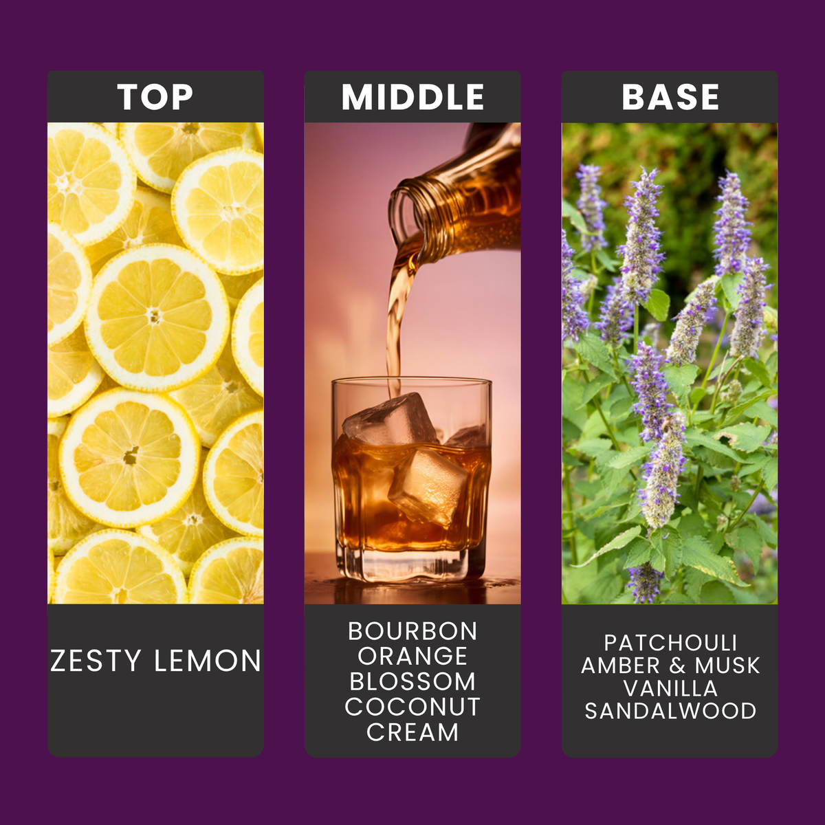 Velvet Blooms & Bourbon fragrance oil notes: lemon, whisky, orange blossom and coconut cream over patchouli, amber and vanilla