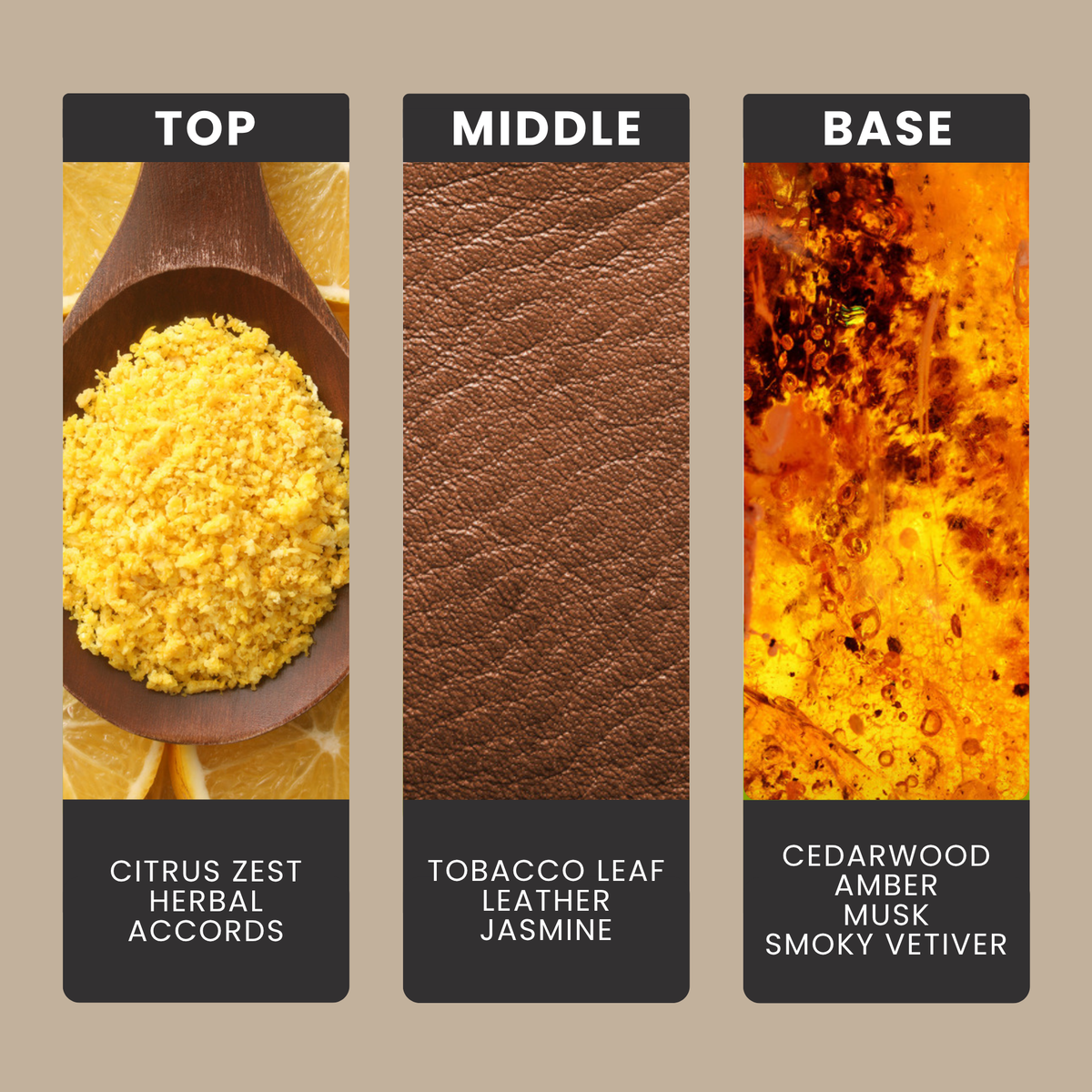 Woodsmoke & Leather fragrance oil notes: citrus and herbs with tobacco, leather and jasmine over cedar, amber and vetiver